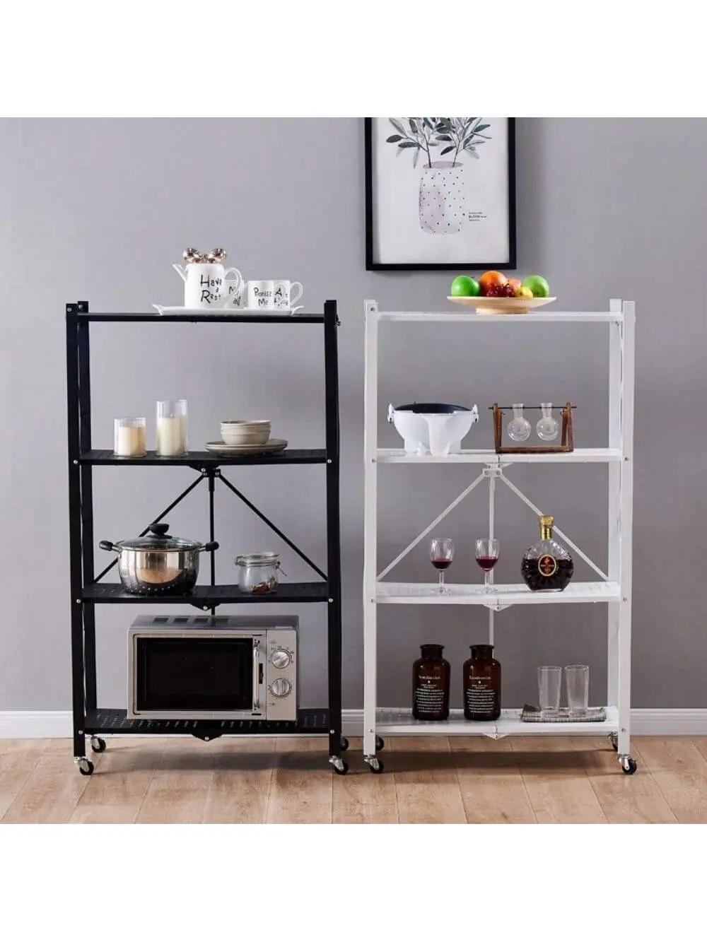 5-Tier Kitchen Folding Storage Shelves Metal Organizer and Storage Rack with Wheels Garage Shelving Metal Wire Shelf Rack Organizer Shelf for Garage Kitchen Basement