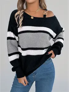 Women's Winter Striped Lantern Sleeve Sweater, Metal Buckle Design, Long Sleeve Off-Shoulder Pullover, Casual Fashion Outerwear