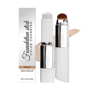 2-in-1 Color Changing Foundation Stick with Brush, Intelligent Shade Matching Makeup Base, Waterproof Hydrating Hyaluronic Acid Cream Concealer for Flawless Pore Minimizing Coverage, Dewy Natural Finish Foundation Pen Radiant Glow Highlighter Palette