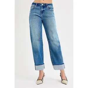 RISEN Slouchy Crop Barrel Cuffed Jeans - Trendy Barrel Cuff Design, Cropped Length, Comfortable Slouchy Fit, 91% Cotton, 6% Polyester, 3% Spandex