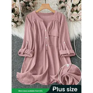 Collar shirt with pockets, casual rolled up sleeves design, comfortable daily wear top for women
