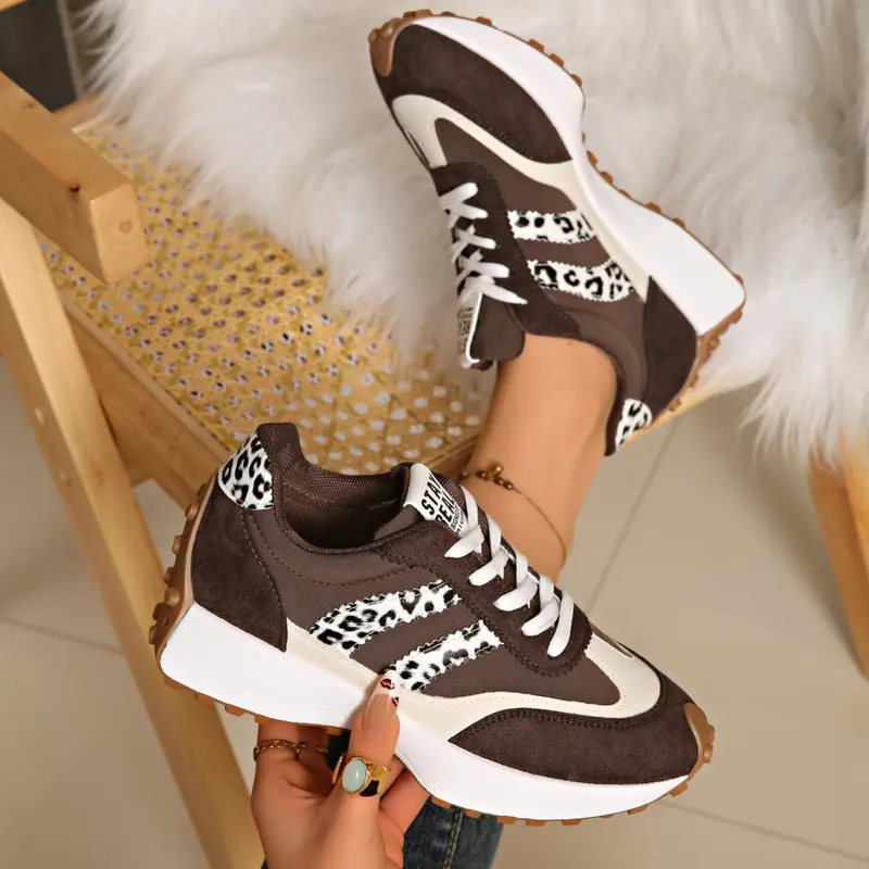 Women's Spring Fall New Large Size Round Toe Thick Sole Casual Shoes, Lace-Up Leopard Patchwork Vintage Height Increasing Training Sports Sneakers Trainer, Thick Soled Shoes