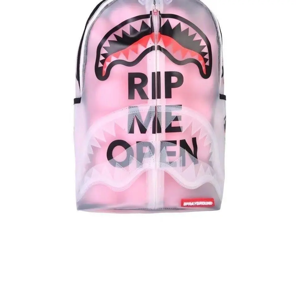 Sprayground Transparent Gray Shark Mouth Backpack, Clear See Through RIP Graphic Streetwear Backpack, Casual Daypack for Teens Boys Street Fashion Fans