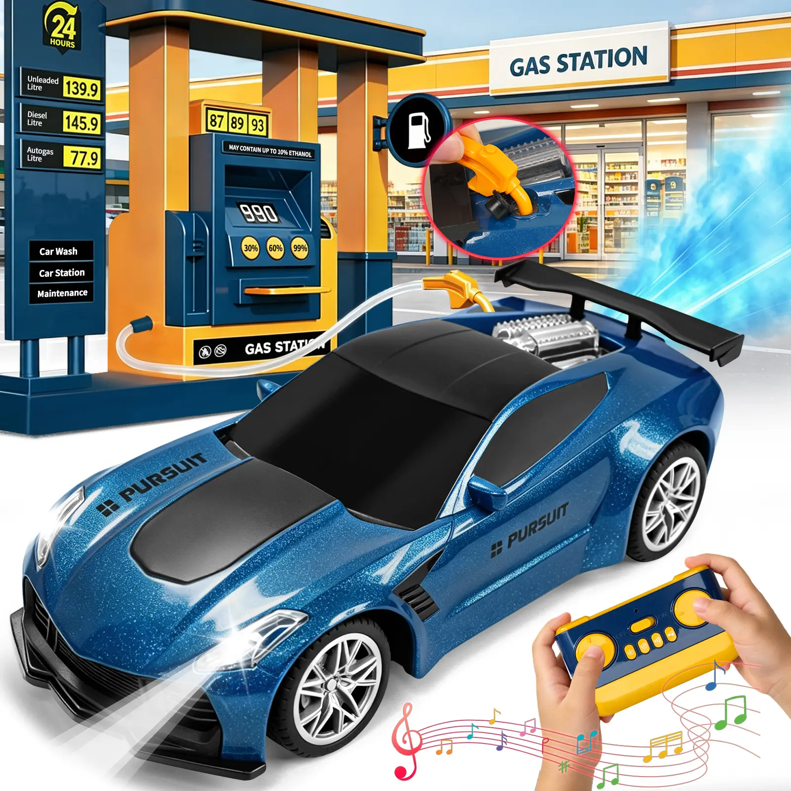 Gas Station Remote Control Car with AutoPark, 2.4GHz RC Cars Toys with Sound Effect, Realistic Car Refueling Simulation Tail Spray 1:1 Reality Car Refueling Toy Gifts for 3 4 5 6 7 8 910 Year Old Boys