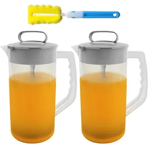 2 Pack Mixing Pitcher for Drink, 2 Quart/ 64oz Plastic Water Pitcher with Lid and Clean Sponge Brush, Angled Plastic  and Adjustable Mixer Plunger for Juice, Milk, Beverage Container