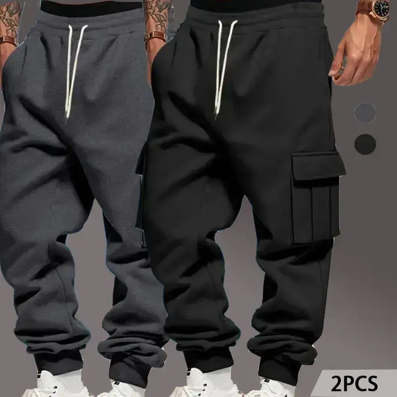 2-Pack Men's Loose Fit Cargo Pants Casual Outdoor Workwear Sweatpants Autumn Winter American Style Thickened Joggers with Drawstring Waist & Practical Pocket 2-Pack Men's Loose Fit Cargo Pants Casual Outdoor Workwear Sweatpants Autumn Winter American Style Thickened Joggers with Drawstring Waist & Practical Pocket