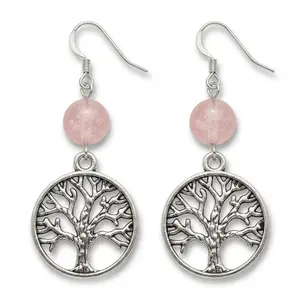 Rose Quartz Tree of Life Earrings Gemstone Dangle Heart Chakra
