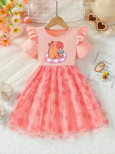 Girls' Fashion Dress with Capybara Milk Tea Pattern, Cute Casual Mesh Skirt, Comfortable Clothing for Ages 3-10, Short Sleeve Fitted Style