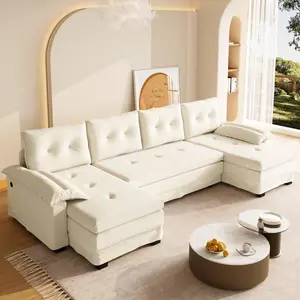 109.5" U-Shaped Modular Sleeper Sofa with Pull-Out Bed - 2-in-1 Convertible Couch Bed, Removable Armrests, USB Ports, Chaise Lounge, Premium High-Den Fabric - Furniture, Couch for Living Room, Sofas Living Room (Orange)