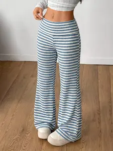 Women's Blue White Striped Ribbed Wide Leg Pants 2026 Y2K Retro High Waisted Fold Over Waistband Trousers Casual Style Everyday Streetwear Summer Daily Trendy Outfits Viral TikTok Made Me Buy It