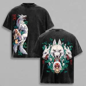 Retro Limited Princess Mononoke Wolf God T-Shirt Washed Vintage, Anime Ghibli Oversize Streetwear Tee, San & Moro Wolf Spirit Graphic Shirt, Unisex Heavyweight Cotton Top for Fans