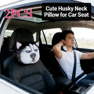 2pcs 2026 New Husky Car Neck Pillow, Funny Face Design, 3D Realistic Dog Head, Car Seat Cervical Support, Soft Plush Breathable
