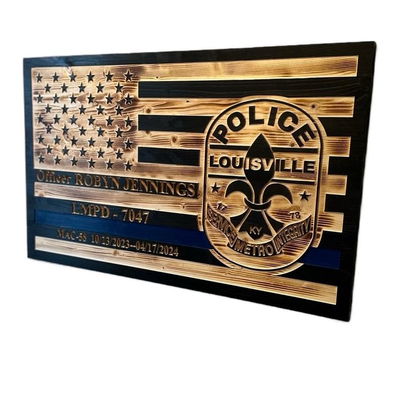 Custom engraved wooden American flags for police, firefighters, veterans or active duty military make great decor and hangable.