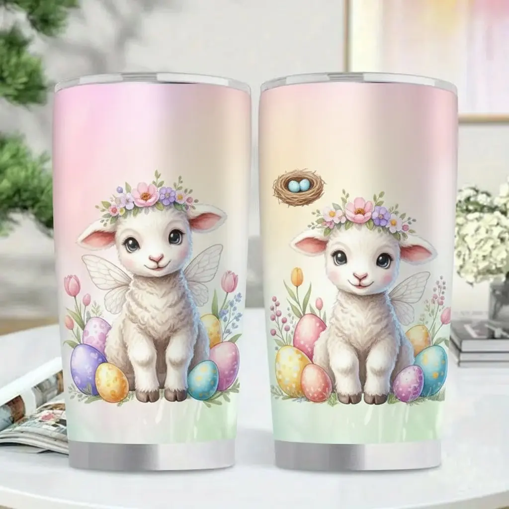1pc Cute Easter Lamb 20oz Insulated Stainless Steel Cup - Leakproof Travel Mug with Fairy Wings, Floral Crown, and Vibrant Easter Egg Design, BPA-Free Reusable Water Bottle for Spring Gift, Home, or Office Use