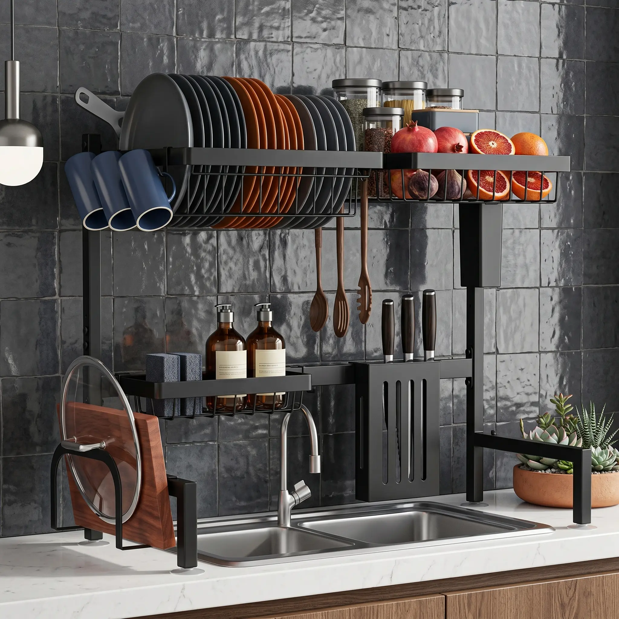 Over Sink Dish Drying Rack Adjustable 2 Tier Stainless Steel Kitchen Storage Organizer with Utensil Holders
