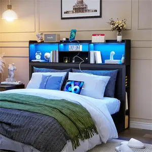 PAKASEPT Queen Size Storage Headboard, 62" Wide Headboard Only, Stylish Bookcase Headboard with Charging Station & LED Lights, Modern Wood Headboard, Noise-Free HeadBoard with Storage