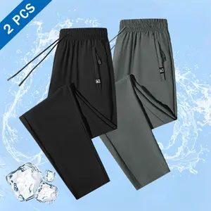 Men’s 2-Pack Athletic Straight Pants – Ice Silk Breathable, Zipper Pocket Design, Street Style Suitable for Hot Weather