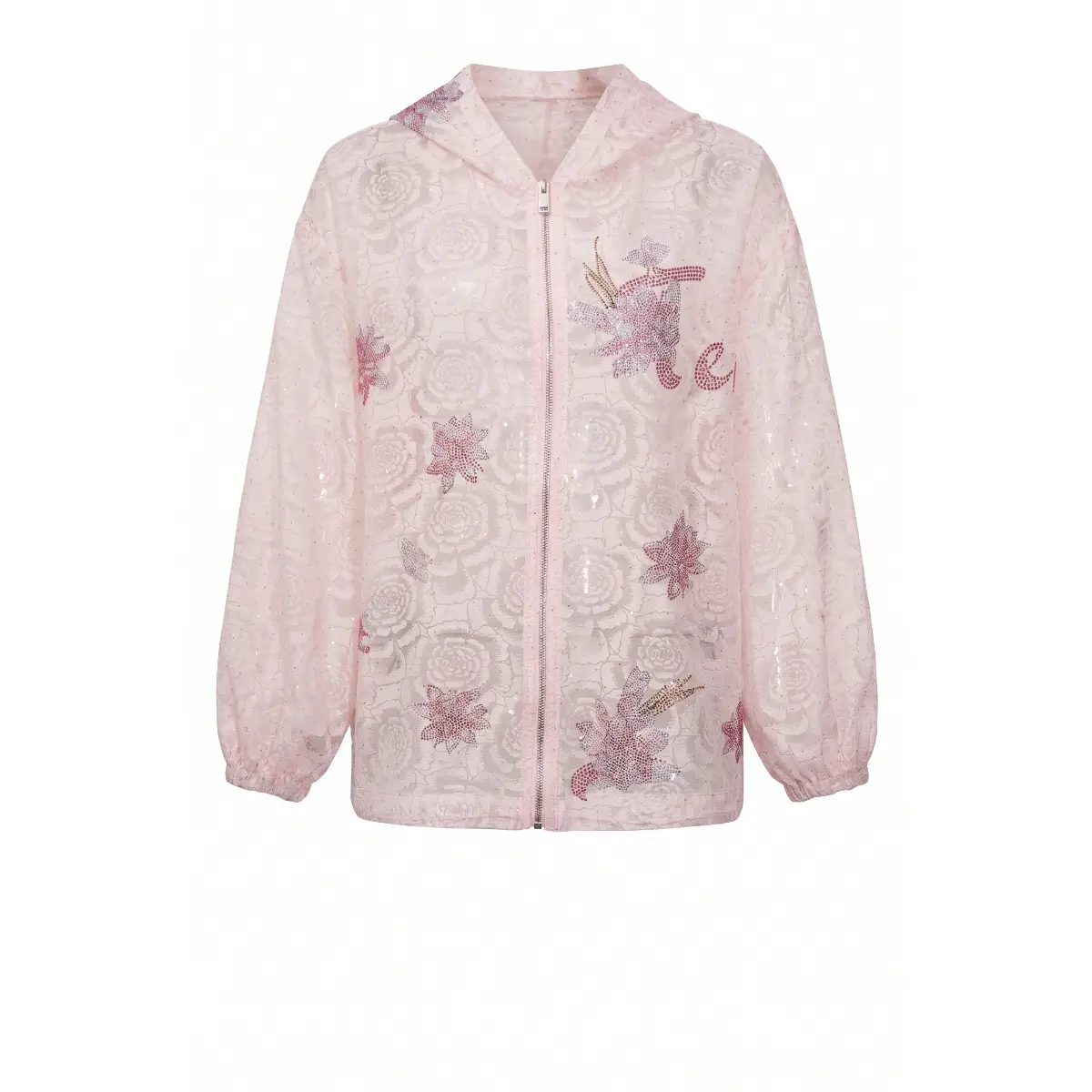 TCH floral rhinestone hollow lace hooded jacket for women, 2026 spring/summer new lightweight pink age reducing zipper sweater