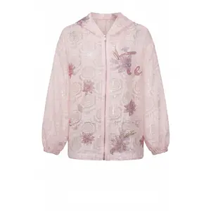 TCH floral rhinestone hollow lace hooded jacket for women, 2026 spring/summer new lightweight pink age reducing zipper sweater