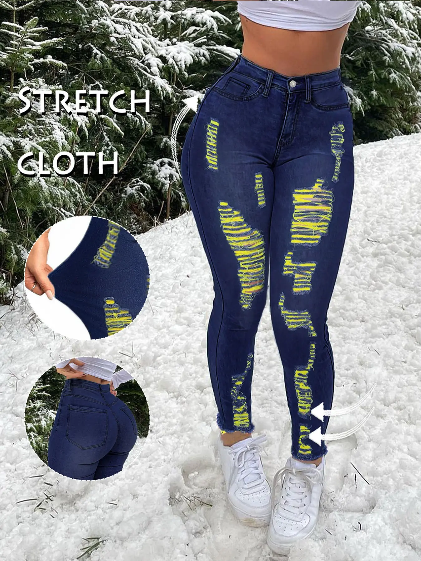 Women's Fashion Distressed Ripped Knee Ripped Distressed High Waisted Skinny Jean Slim Fit Denim Pants for WomenBasic Minimalist Streetwear Bottom Ripped Knee Jeans Ripped Fashion Design