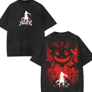 valentine shirts Alice Madness Returns Washed Tshirt, 2 Sided graphic game movie merch Menswear Tee streetwear Top Casual graphic t-shirts shirt top men Cotton Red JIH