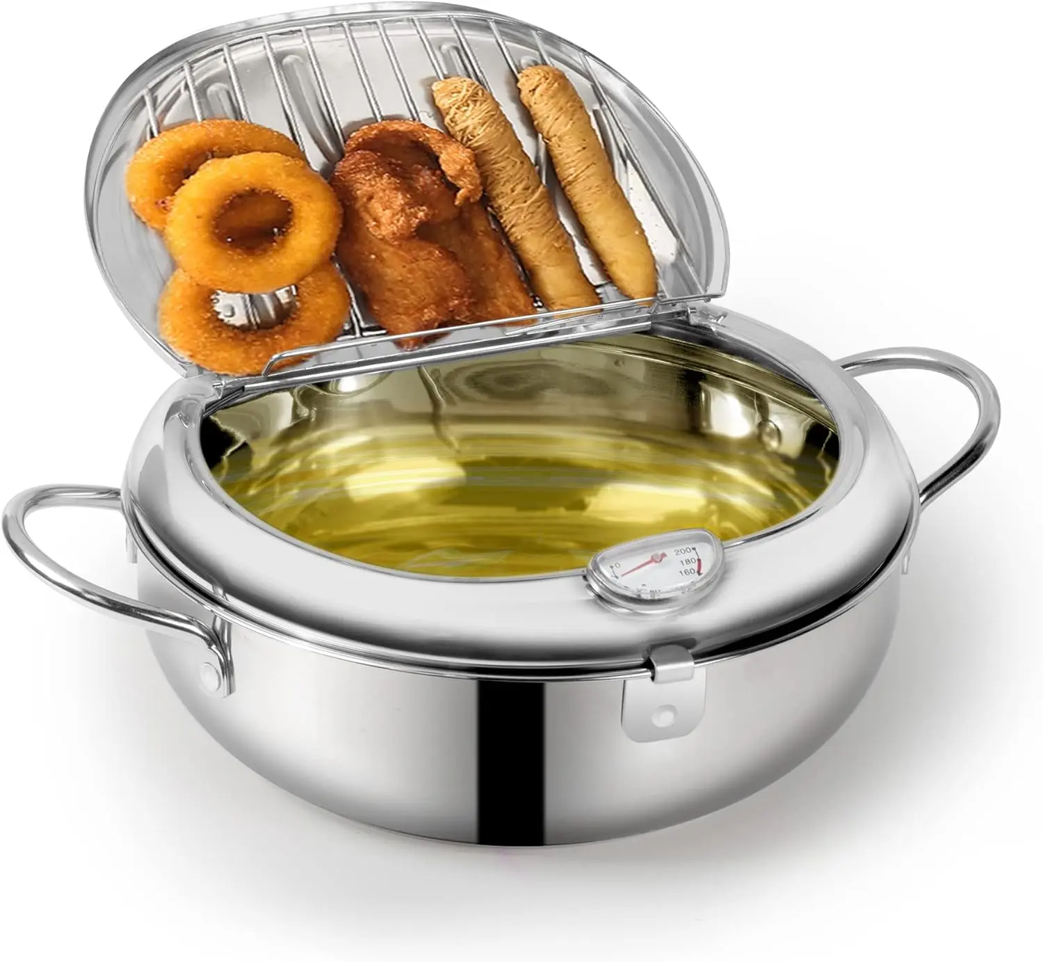 Japanese Style Deep Fryer Pot 2.2 L with Thermometer, Lid & Oil Drip Drainer Rack for French Fries, Fish, Shrimp & Chicken - 7.9 Inch - Cookware