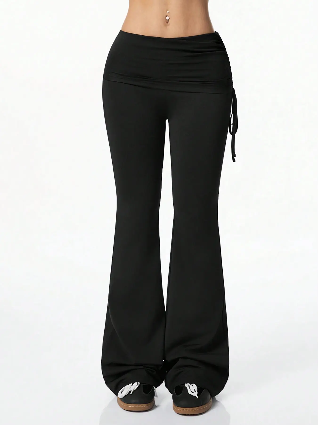 1 All-Season Low Rise Flared Pants Women | Ruched Side Drawstring Adjustable Stacked Hem | Stretchy Knit Fitted Butt Lifting Y2K Hot Girl Pants Casual Streetwear Trousers for Daily Yoga Streetwear Bottoms Trouser