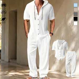 Men’s summer linen shirt and long pants set featuring a casual button-front short-sleeve shirt with an open cardigan design, made from breathable woven linen fabric—ideal for everyday outings and outdoor activities; also available as a beach short-sleeve