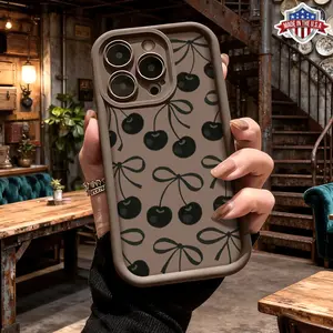 Cute Cherry Bow Pattern Case for iPhone 17 Pro Max 16 15 14 Plus 13 12 11 XR XS Air Slim Shockproof Anti Drop Protective Durable TPU Phone Cover