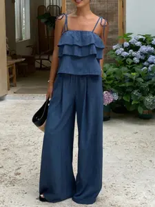 Women's Two-Piece Set, Womenswear, Sleeveless Ruffles Top & Loose Long Pants, Spring Summer Casual, High-Waisted Wide-Leg Design