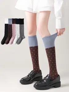 Women's Polka Dot Knee High Socks, Korean Style Breathable Commuter School Daily Casual, 5 Pairs Pack