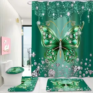 1/4pcs Green Butterfly Crystal Diamond Pattern Bathroom Decor Set, Shower curtain sets, including shower curtain, toilet seat cover, rectangular bathroom mat, and U-shaped mat, Perfect for bathroom decoration, Comes with 12 shower curtain hooks