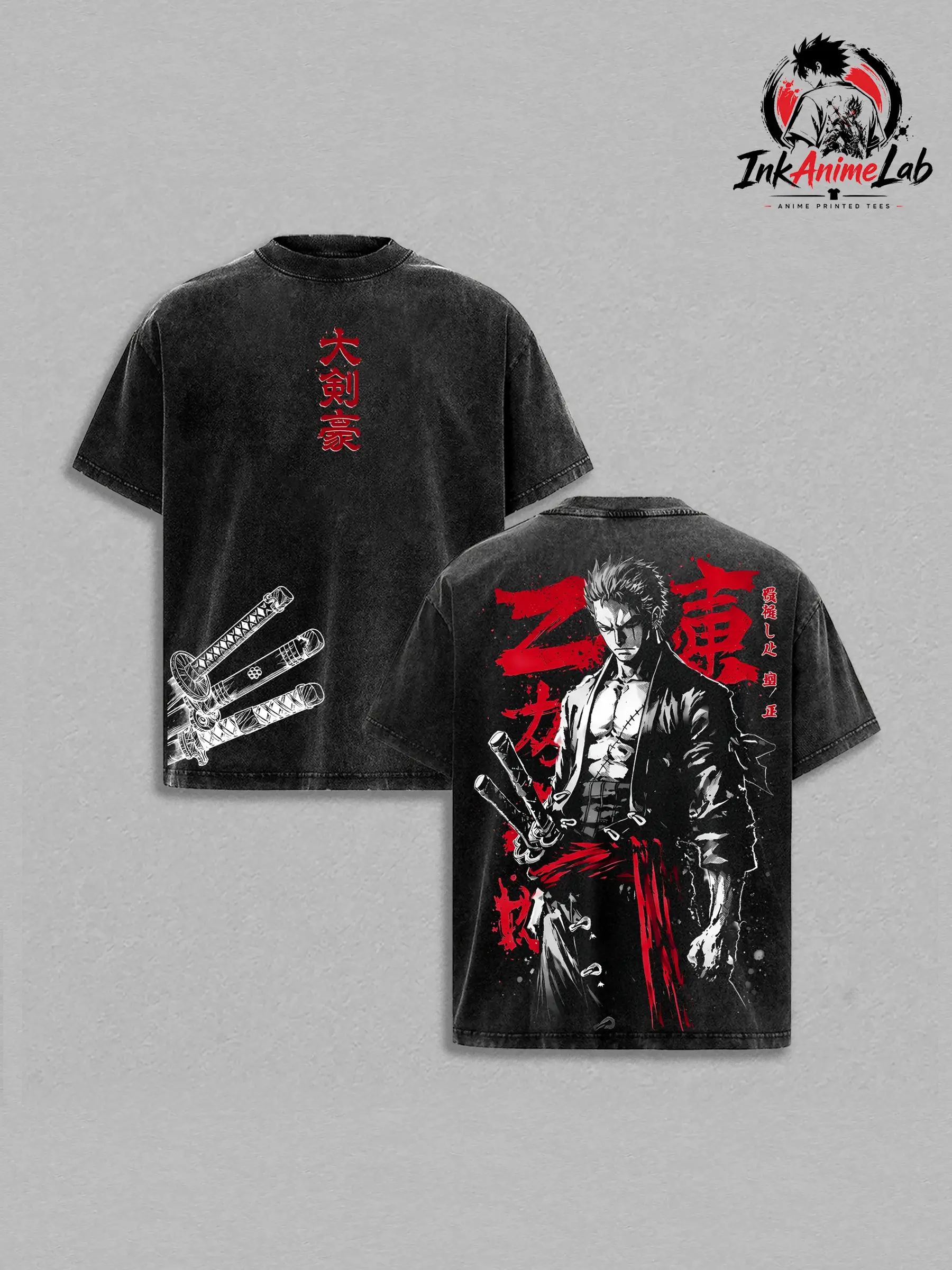 Zoro - OP Vintage Clothing Washed T-Shirt _ Anime Zoro Back Print Shirt _ Heavyweight Cotton _ Unisex Streetwear Top Casual Wear _ Three Swordsman Graphic Tee _ Gift for Anime Fans