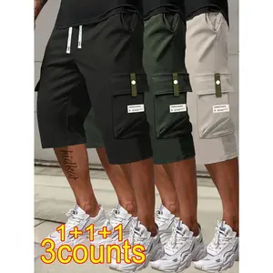 Men's 3-Pack Plain Medium-Length Cargo Shorts, Mid-Waist Athleisure Street Style, Drawstring Waistband, Multipocket Design, Monogram Patch Detailing, Durable Non-Stretch Polyester (Black, Dark Grey, Olive Men's Shorts)