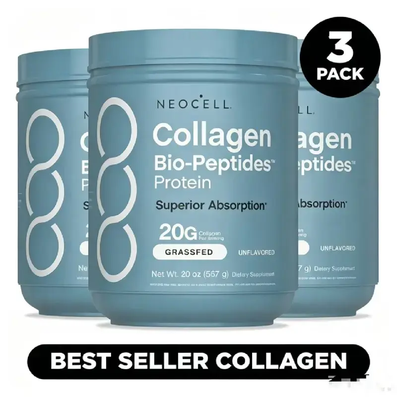 3 Bottles NeoCell Collagen Bio-Peptides Powder 20oz - Grassfed Protein Supplement - Advanced with 18 Essential Amino Acids