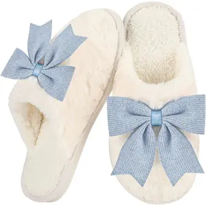 Women's Cute Cartoon Bowknot Pattern Plush Slippers, Casual Soft Comfortable Home Slippers,Pink Warm Slippers for Indoor & Outdoor Use for Fall & Winter, Warm House Slippers Footwear Walking Shoes