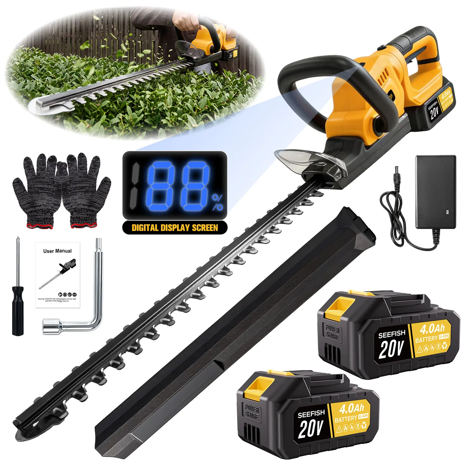 Cordless hedge trimmer portable handheld trimmer equipped with brushless motor, capable of cutting up to 1/2 inch in diameter, powerful and lightweight electric shrub trimmer