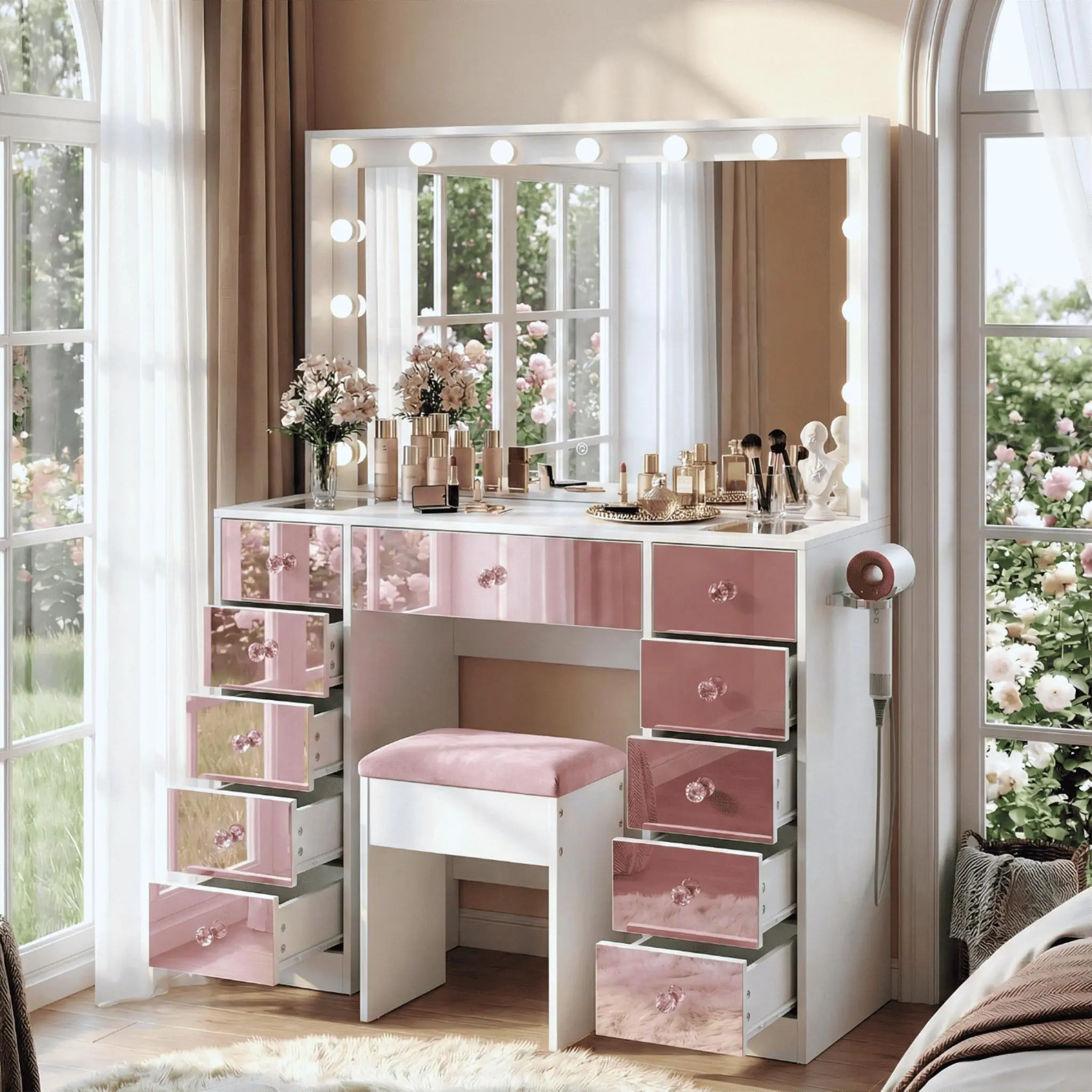 Makeup Vanity with 15 Hollywood Bulbs & 3-Color Dimmable LED Lights, Dressing Table with Visual Glass Top & 11 Drawers, Pink Vanity Desk Set with Cushioned Stool - TikTok Shop Makeup Vanity with 15 Hollywood Bulbs & 3-Color Dimmable LED Lights, Dressing Table with Visual Glass Top & 11 Drawers, Pink Vanity Desk Set with Cushioned Stool - TikTok Shop