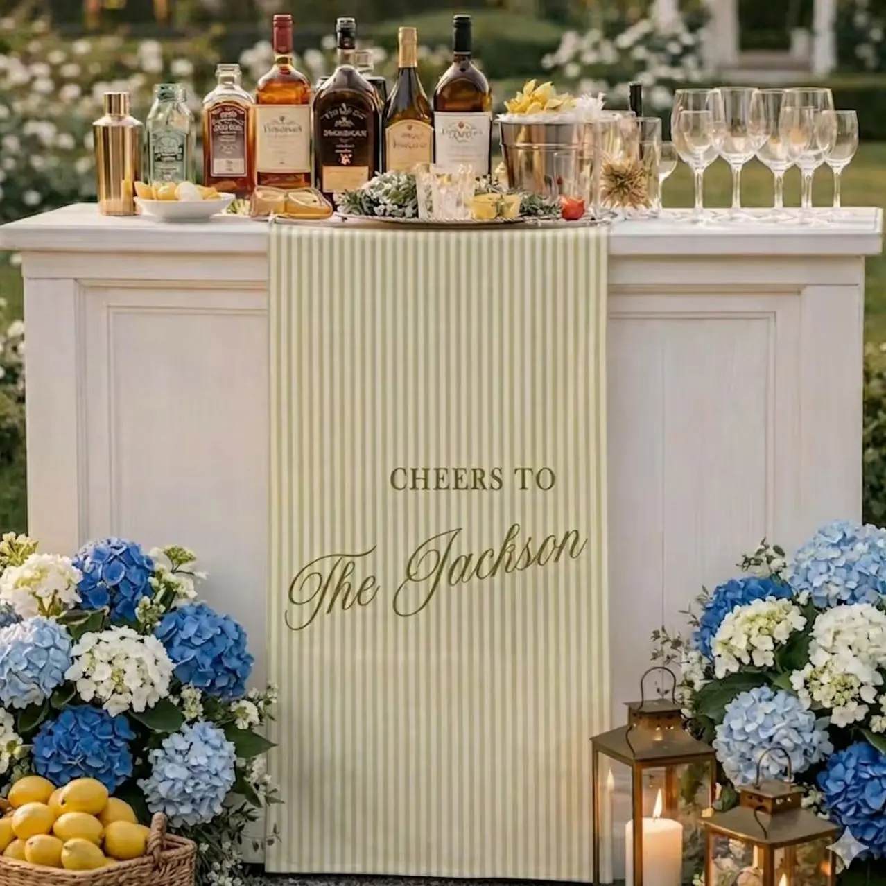 Personalized Linen striped bar or event Sign, Linen Cotton, Wedding, Birthday, Anniversary, custom name bar wedding sign, wedding banner