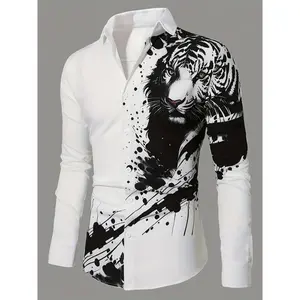 [3D Printed Tiger Pattern Shirt] Men's Fashion Clothing 3D Digital Printed Tiger Pattern Long Sleeve Shirt Button Down Lapel Top