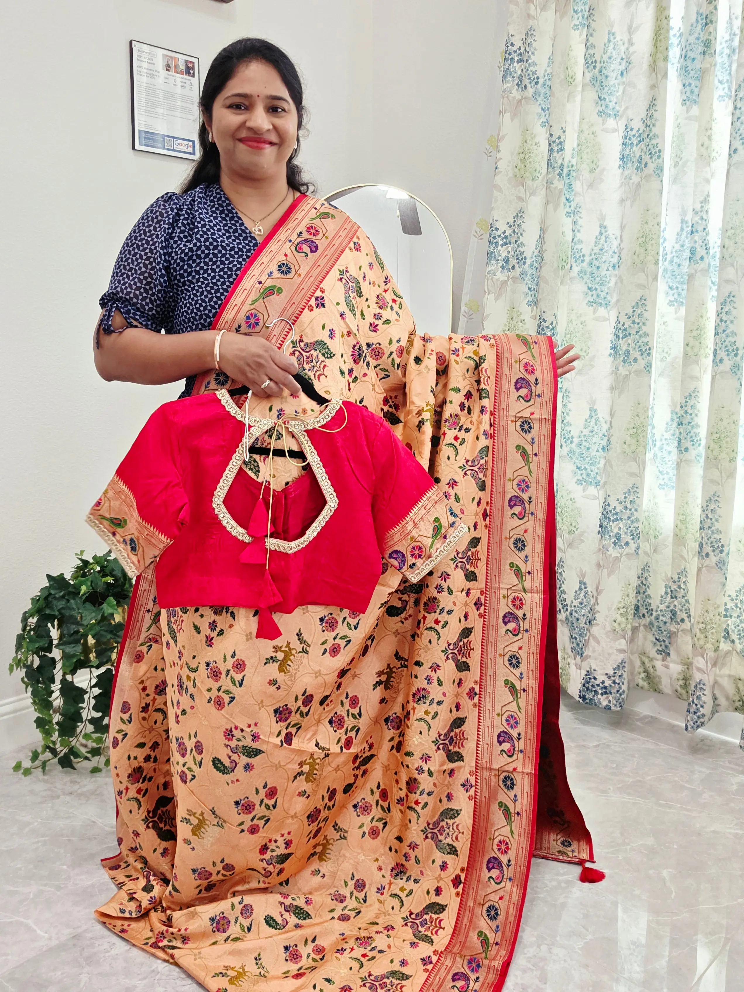 Patola Design Benarasi Soft Silk Saree with Paithani Border & Stitched Blouse