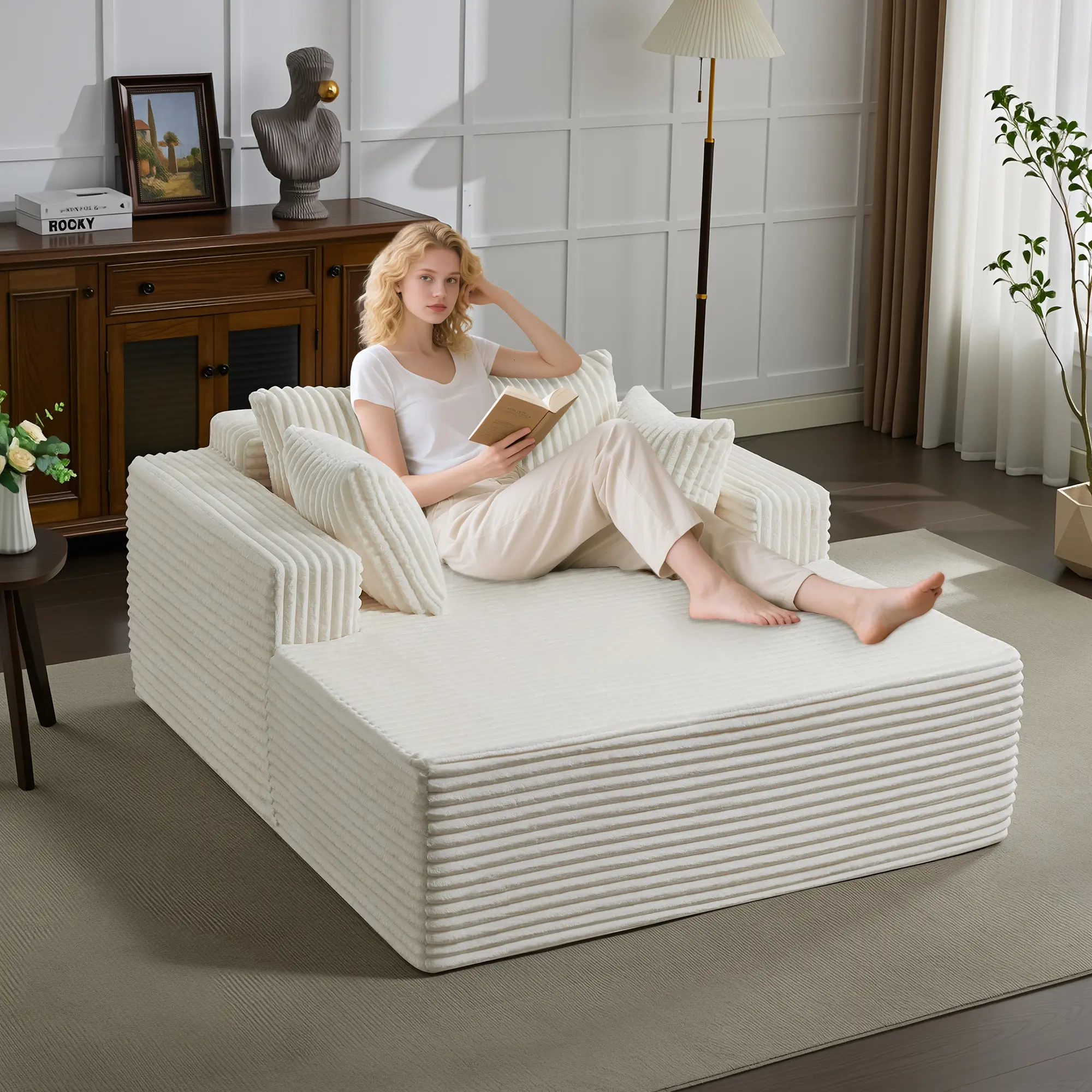 Garvee Oversized Ribbed Corduroy Sofa Bed - 54.3/61in Wide Boneless Cloud Sleeper Couch, 4 Pillows, Armrests - No Assembly, Upholstered Reading Sofa for Living Room, Bedroom
