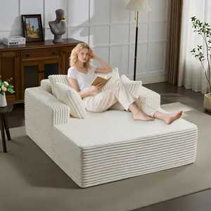Oversized Corduroy Loveseat Sleeper Sofa Set, Cloud Plush Chaise Lounge Chair, No Assembly Required, 61" Deep Seat for Living Room, Bedroom, Apartment, Modern Vanity Sectional Sofa Bed with Fluffy Backrest & Lumbar Pillows