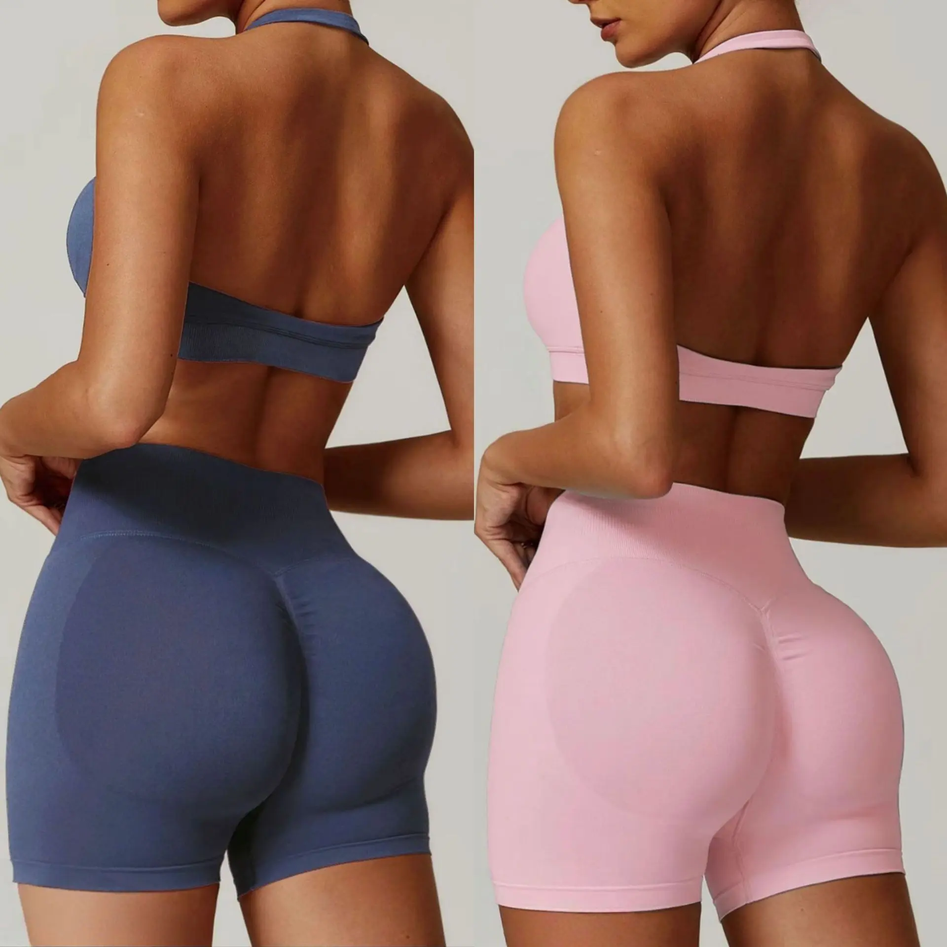 Women’s Halter Yoga Set High Waisted Workout Shorts Seamless Gym Outfit Fitness Activewear Set