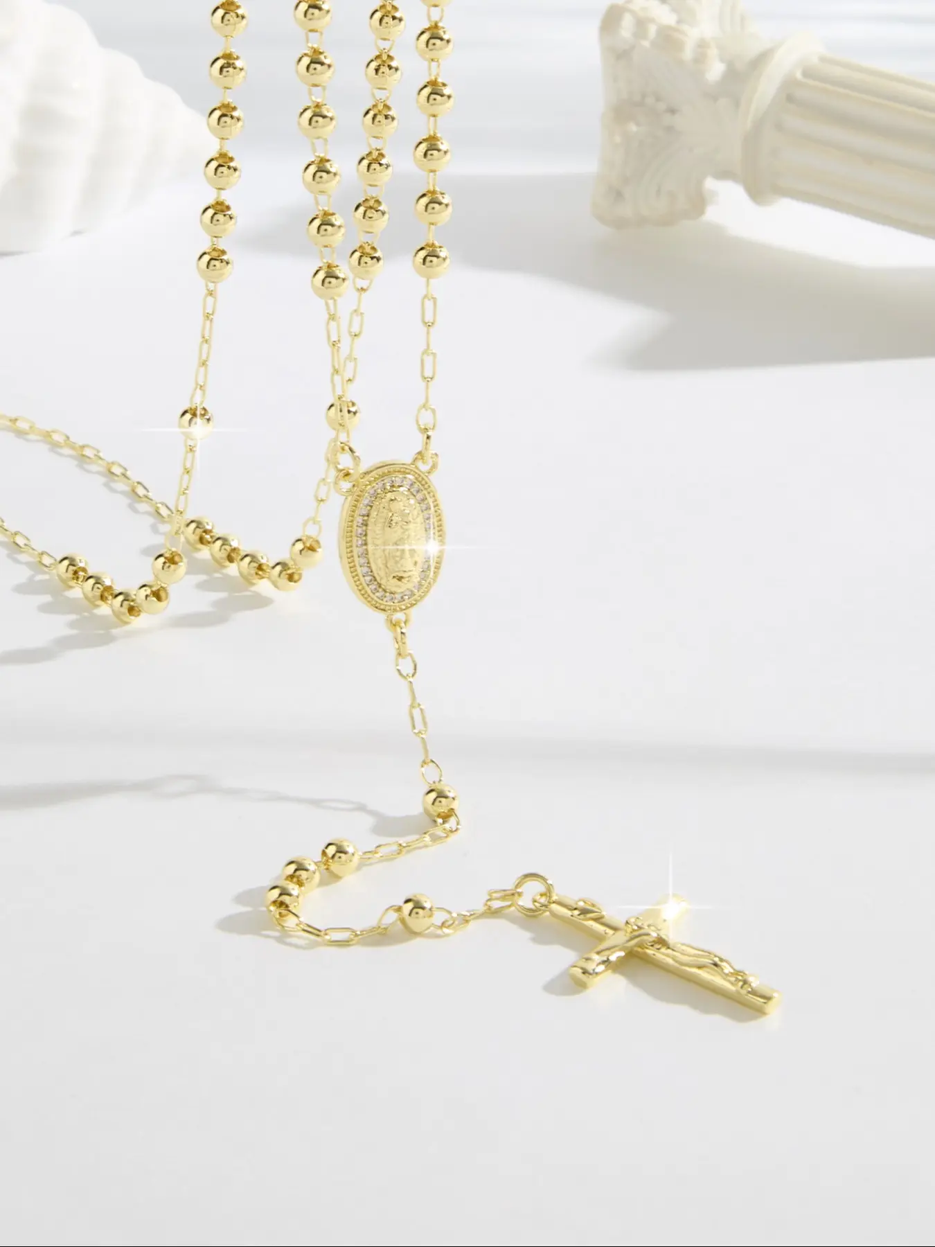 Luxury Saint Jude Charm Faith Cross Necklace 24 Inches, Brass Plated 14k Gold Virgin Guadalupe Cross Design Pendant, Christian Jewelry for Women, Religious Necklace, All Seasons