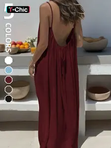 Women's Ruffled A-Line Summer Casual Jumpsuit, Sexy Cut-Out Backless Sleeveless Spaghetti Strap Dress, Casual Home Wear Overall, Stylish and Comfortable