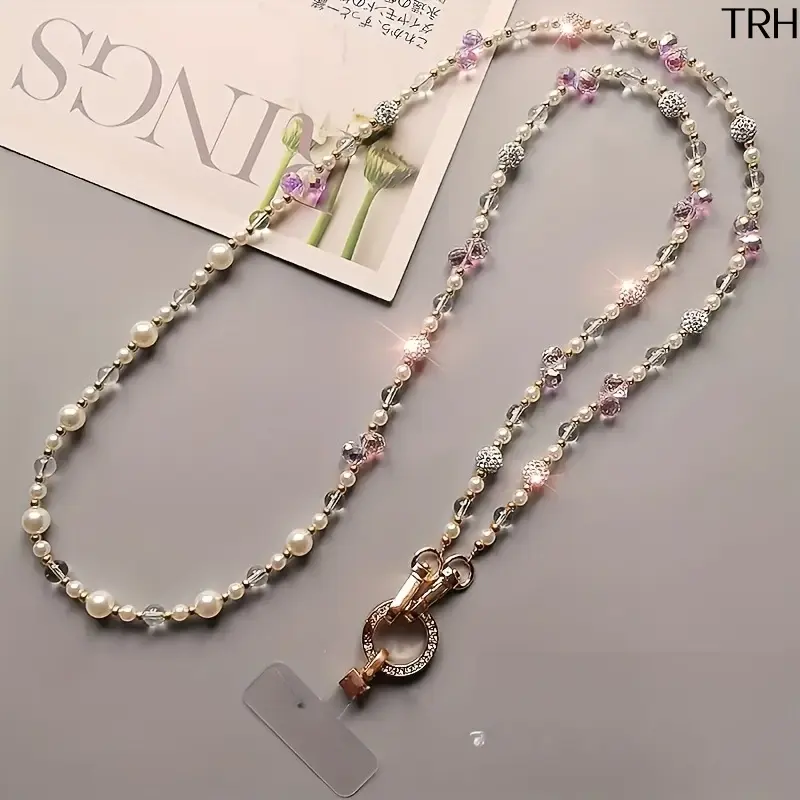 Pearl Beaded Crossbody Phone Lanyard, Faux Crystal Rhinestone Long Phone Strap, Elegant Luxury Detachable Chain Wrist & Bag Charm, Universal Phone Tether with Clear Patch for Daily Fashion Outfit
