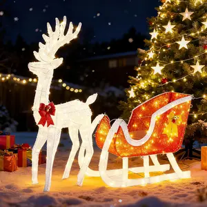 4FT Lighted Christmas Reindeer and Santa Sleigh Set Pre Lit Outdoor Indoor Xmas Decoration with 180 Warm LED Lights Holiday Deer Sleigh Display for Yard Lawn Garden Patio White Red ChristmasSleighSet