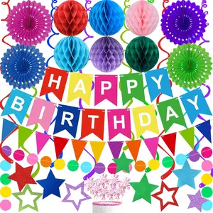 Colorful Birthday Party Decoration Kit Banner, Paper Fans, Honeycombs, Swirls, and Toppers