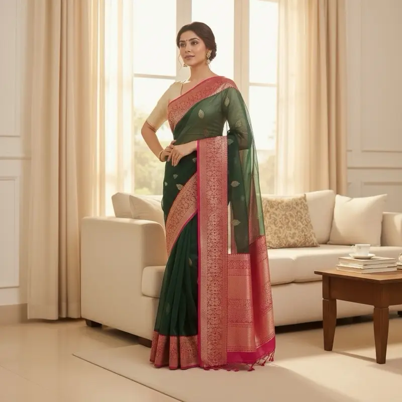 Women's Elegant Bottle Green Tissue Saree, Indian Partywear Saree